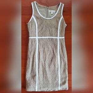 Michael Kors Tan and White Lace Dress with Floral Detailing Size 4